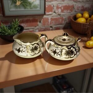 Vtg. Noritake Moriyama Mori-Machi Gold Trim Accent Sugar Bowl & Creamer Set